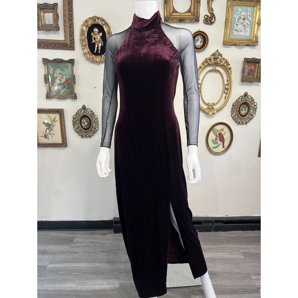 Vintage Coliseum Collection Burgundy Velvet Mesh Mock Neck Maxi Dress Size Large